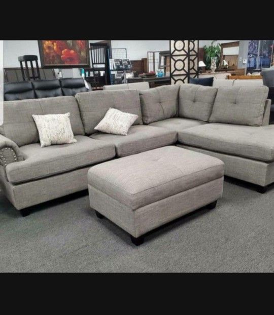 Dark Beige Sectional Sofa With Ottoman