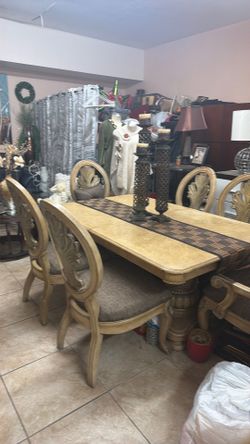 Dining table birch wood, floral chair designs, 2 expanders for table, table runner, candlestick holders w/ candle