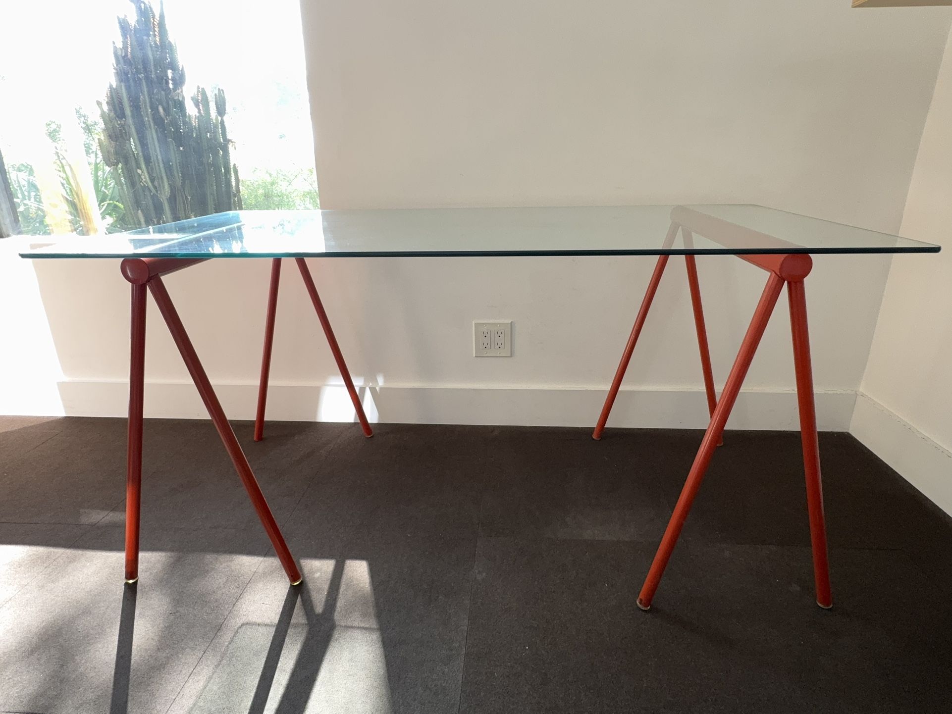 1970s Glass Top Sawhorse Style Desk 