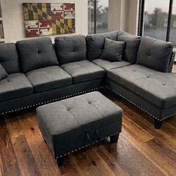 Charcoal Gray 3PC Sectional & Storage Ottoman *BRAND NEW IN-BOX*