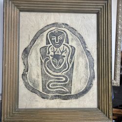 Vintage MCM Tribal Primitive Wall Art – 16×20 Framed – Boho Decor