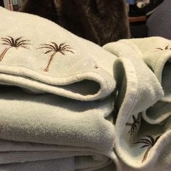 Sage Island Spa Designer Towel Set 2 Bath 2 Hand Lite Blue-Green With  Palm Trees