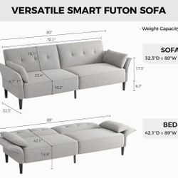🥨89” Futon Sofa Bed,Comfy Futon Couch Bed with 2 Square Pillows,Convertible Sleeper Sofa with Adjustable Backrest& Armrests, Modern Loveseat Sleeper 