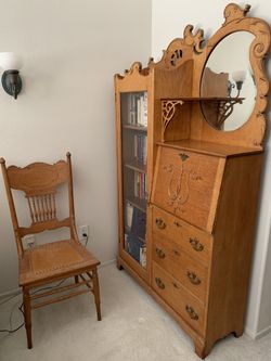 Antique Oak Secretary Desk & Chair 