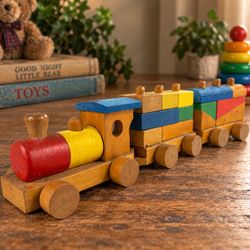 Vintage Wooden Stacking Block Train Toy 16.5” Locomotive 2 Cars Colorful