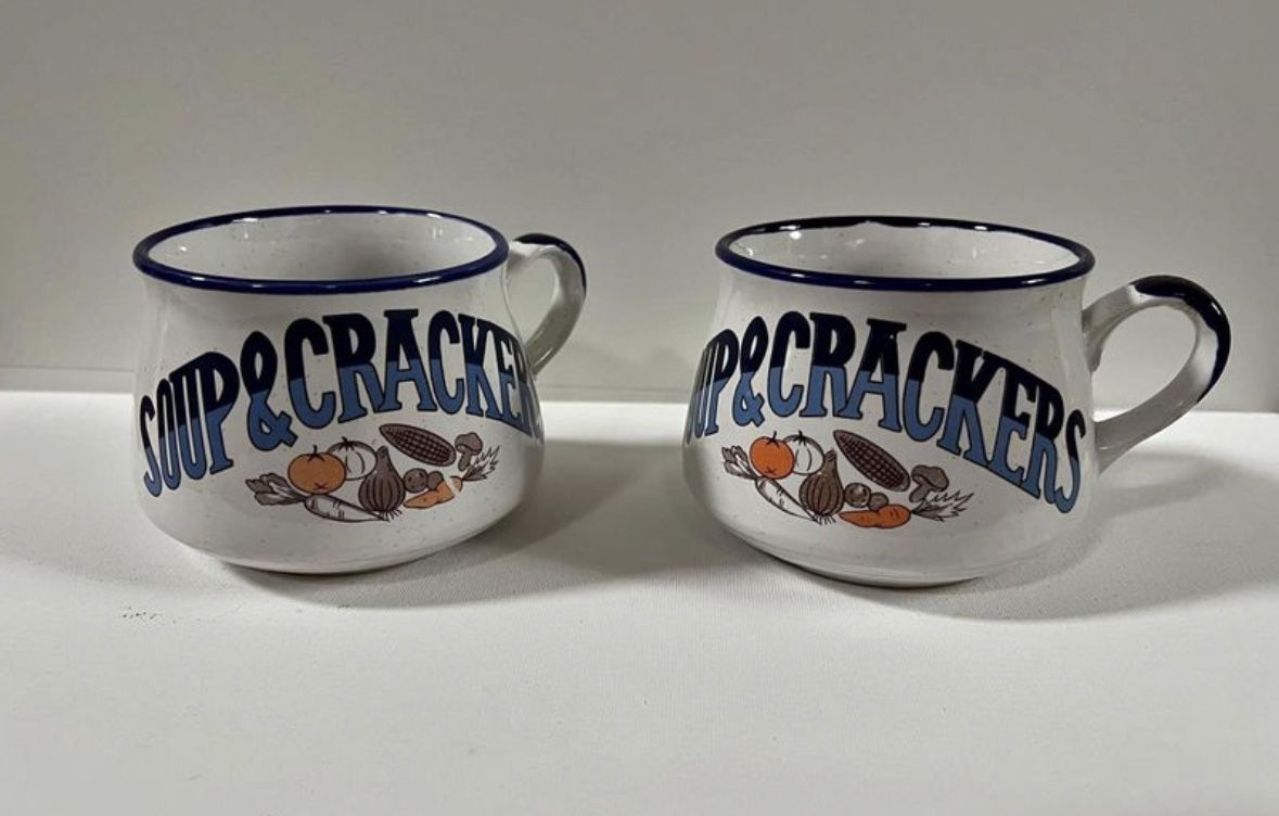 Vintage Collectible PMC "Soup And Crackers" Ceramic Soup Mug Set of 2