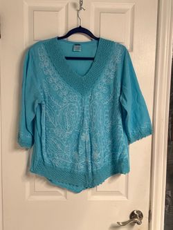 Women's blue embroidered 3/4 sleeve cotton tunic Size XL