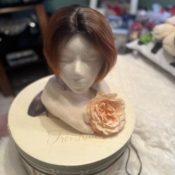 Human Hair Blend Wig Dk Brown Copper Frost Short Layered Pixie for Women 