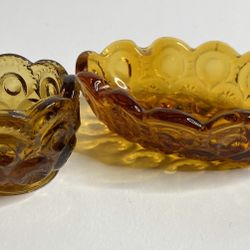 Vintage Amber Glass Small Oval & Round Trinket Dishes Lot Of 2