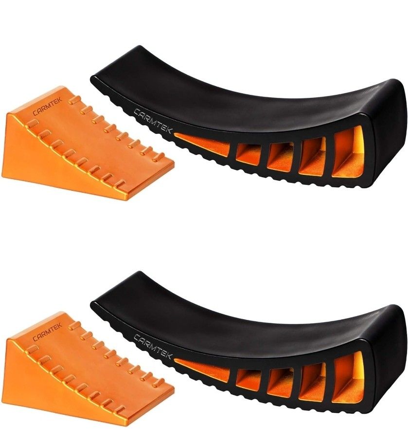 CARMTEK Camper Leveler 2-Pack Kit | Curved RV Levelers with Trailer Wheel Chocks for Dual Axle Trailers | Faster RV Leveling System Than RV Leveling B