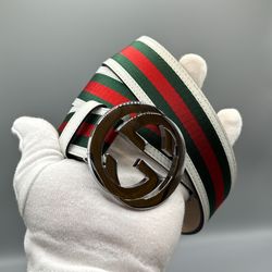 Gucci GG Interlocking Red, Green, White Stripe Leather Web Belt Size 105 (36/38)