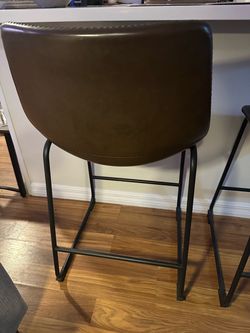 Set of Modern Brown Leather Counter/Bar Stools – Black Metal Frame