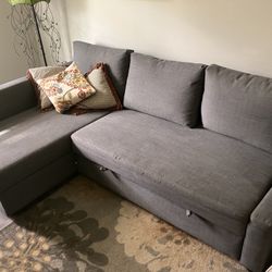 Blue L-Shaped Sectional with Chaise, Storage & Pull-Out Ottoman – Converts to Full Bed Size