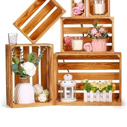 Set of 6 Decorative Wood Crates Nesting Storage Container, 6 Size Farmhouse basket
