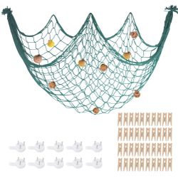 80x40 Inch Decorative Fishing Net W/Shells & Clips, 3mm Thickness Aqua Natural Cotton Large Photo Hanging Fishnet, Wall Party Decorations For Nautical