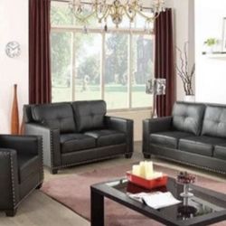 New Modern Black Leather Three Piece Couch Set 