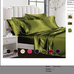 Todd Linens Sexy Satin Sheets 6 Pcs Queen Bedding Set 1 Duvet Cover + 1 Fitted Sheet + 4 Pillow Cases (Many Colors) Olive Green Queen