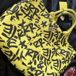 Tote And Carry Crossbody Handbag, Neon, Yellow, And Black, Graffiti Leather