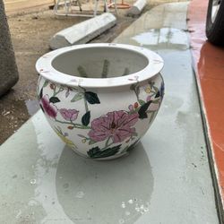 Large 10h X 13w (10w Opening) Chinese Porcelain Fish Bowl Planter Crane Motif Floral Design Multicolor