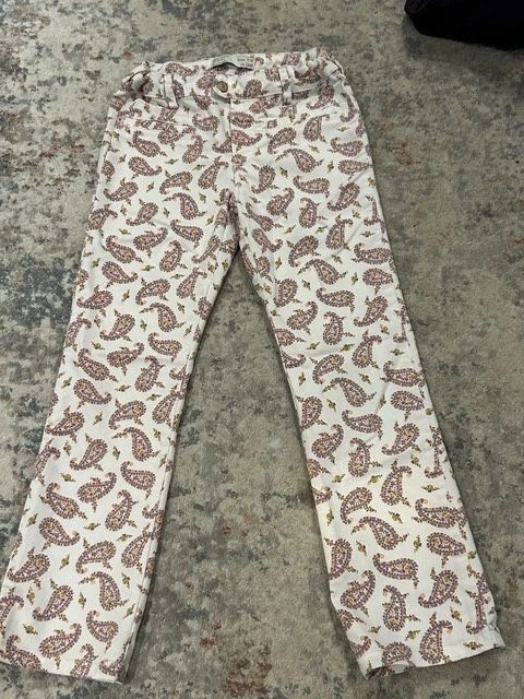 Zara Girls Size 7/8 White Paisley Straight Leg Pants Adjustable Waistband