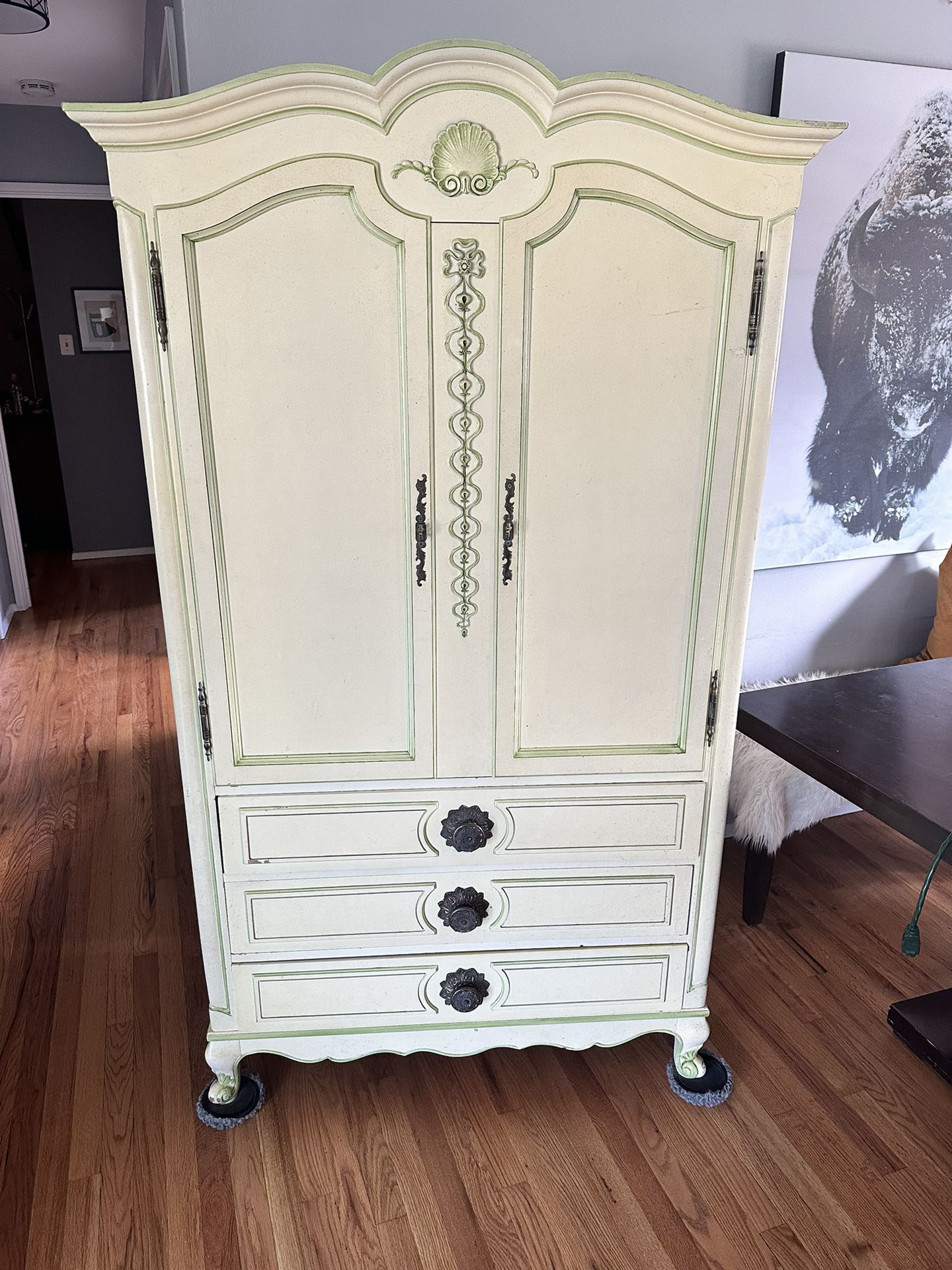 Antique Armoire For Sale. Light Beige With Green Trim 