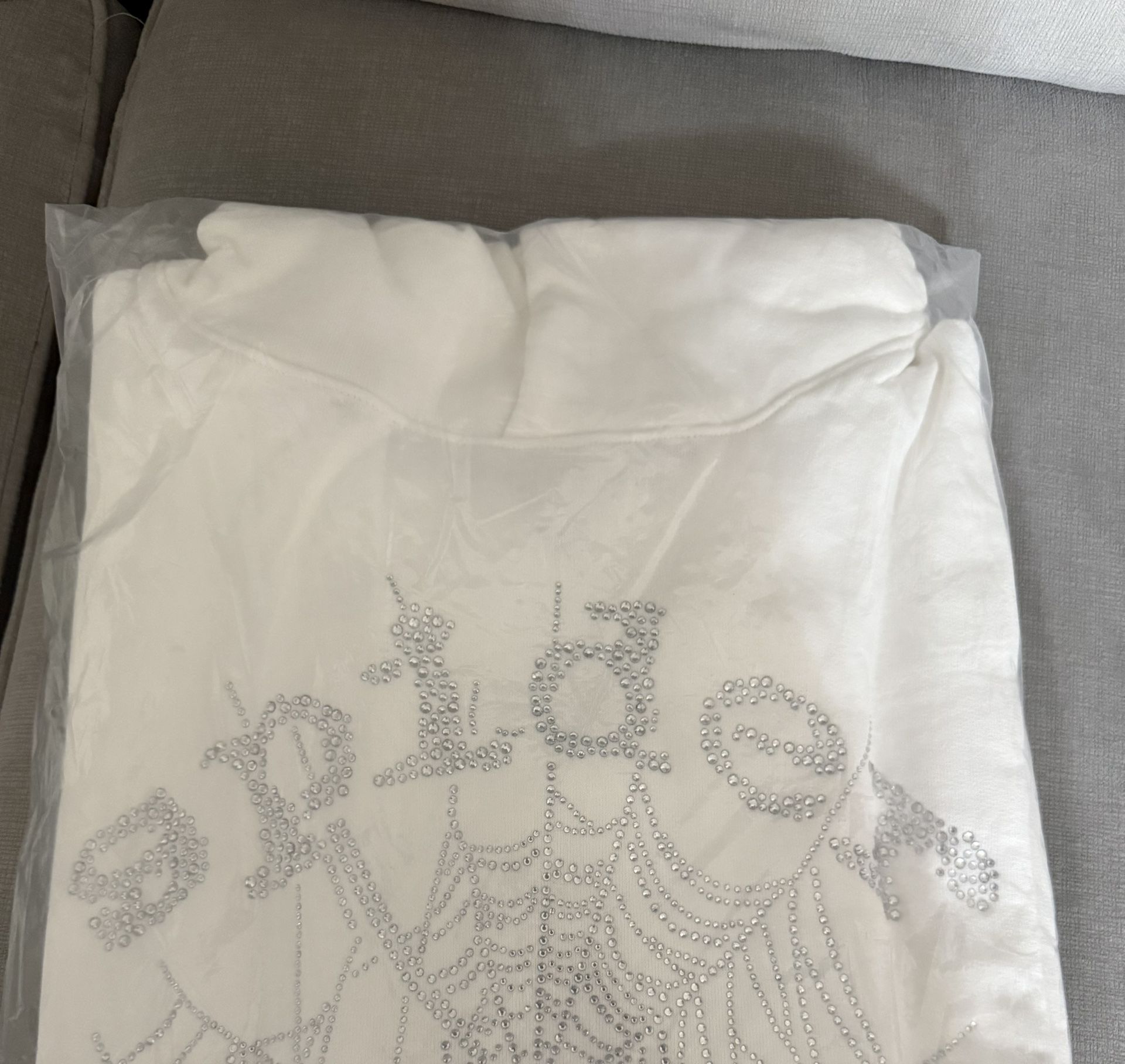Sp5der Hoodie All White With Rhinestone Font