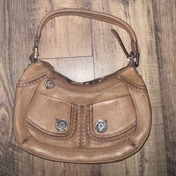 Vintage Brighton Camel Tan Leather Satchel Hobo Tote Purse Bag Medium Buttons