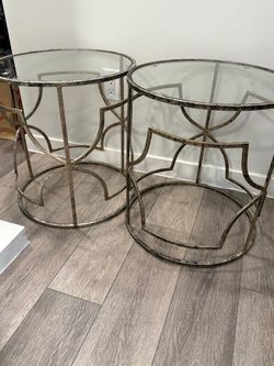 Set of 2 Gold Metal and Glass Round Side Tables
