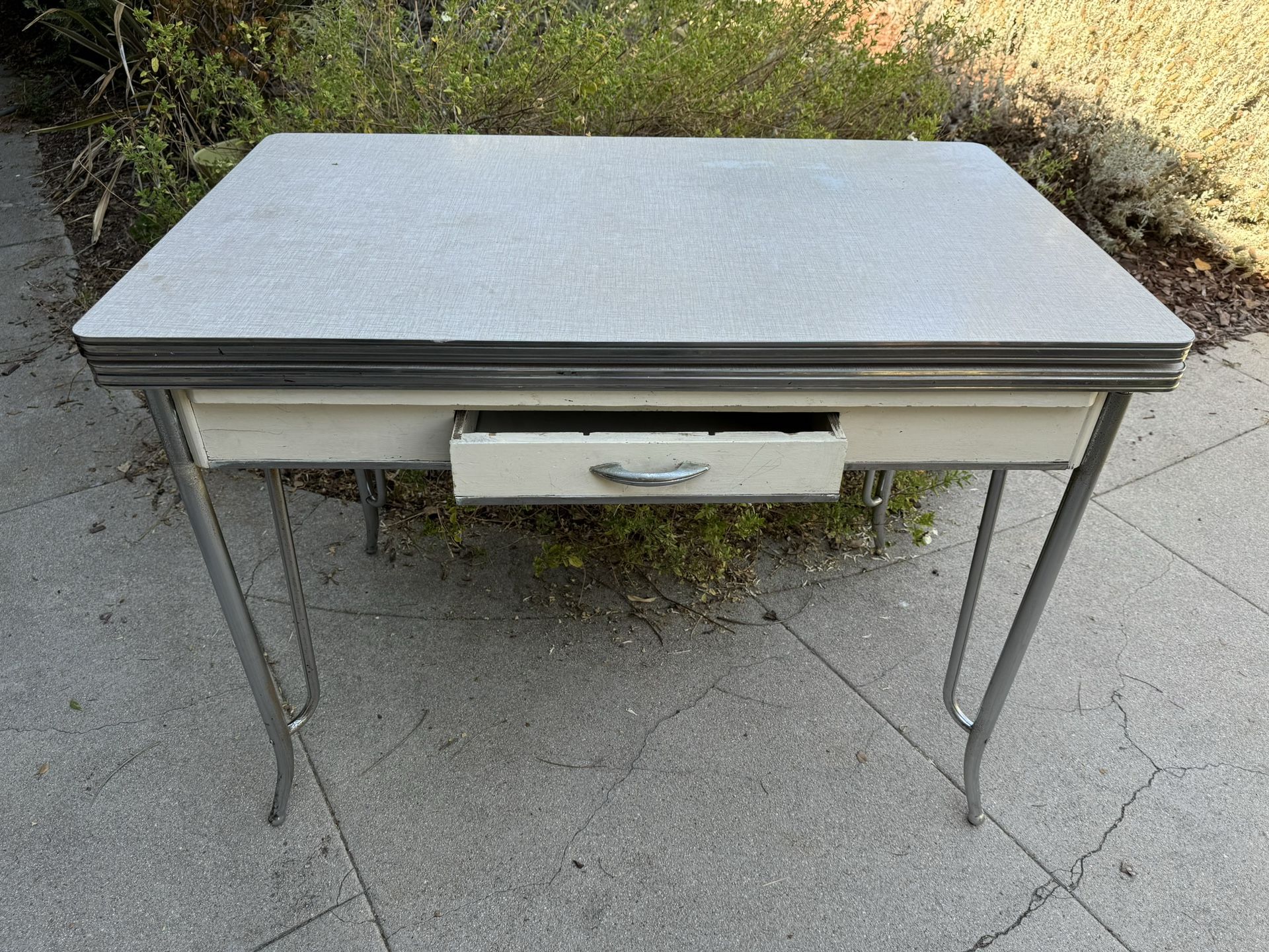 Vintage 1940s Formica Kitchen Dining Table / Desk with Pull-Out Leaves, Chrome Hairpin Legs and Drawer