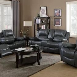 New Gray Leather Reclining Living Room Sofa, Loveseat And Chair 