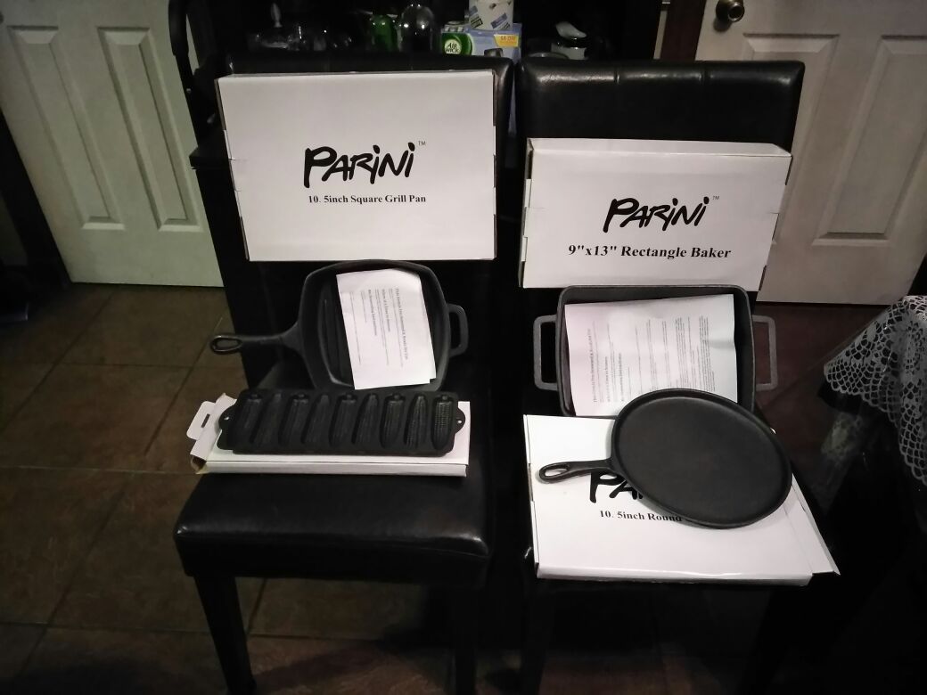 Parini Cast iron Set 6 piece set, 9x13 baker, 10.5 Rd griddle, square griddle, 10.25" grill skillet, 10.5 Grill pan
