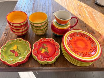 Pier 1 imports dish set hand painted  with Ironstone Pitcher