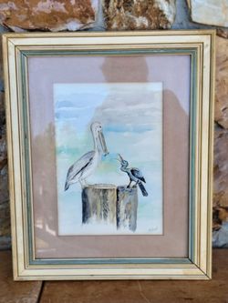 Pelican Party Framed and Matted Water Color