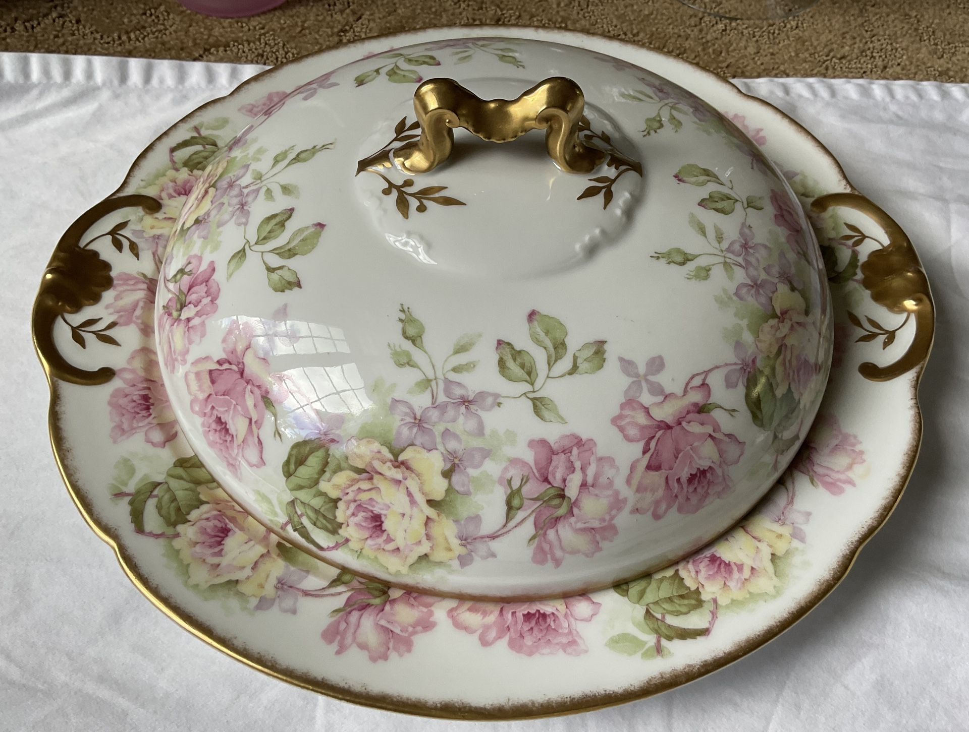 Antique Serving Platter Pink, Yellow, Lavender Flowers Gilded