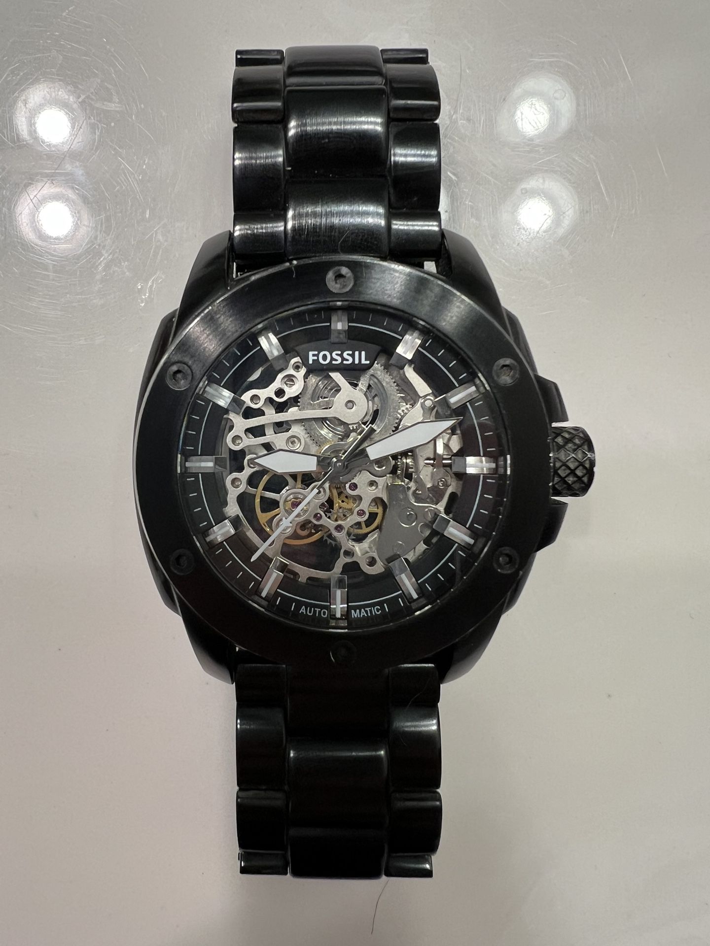 Fossil Modern Machine Automatic Silver Dial Black Steel Strap Watch for Men - ME3080