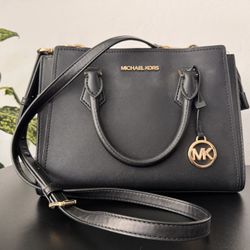 Michael Kors Black Saffiano Leather Satchel w Crossbody Strap – Gold Hardware