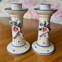 Pair Of Porcelain Candle Stick Holders 6”