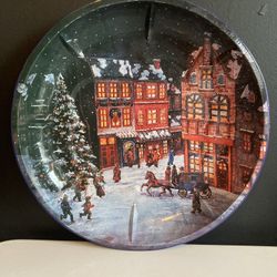 Vintage Christmas Tin Cookie Serving Tray Pan Winter Night