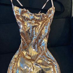 Rose Gold Night Sequin Dress XS - Long / Tall With Leg Side Slit $28 OBO