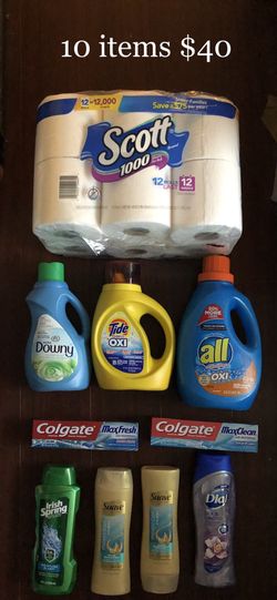 1 Tide Oxi; 1 Downy; 1 All Laundry Soap; 1 Irish Spring; 2 Suave; 1 Dial; 1 Scott; 2 Toothpastes: 10 Items $40