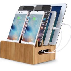 NEW! Real Bamboo Charging Station USB Charging Dock Storage Box Eco Friendly Desktop Stand Dock Holder for iPhone iPad Pro Smartphones,Cords Cable Org