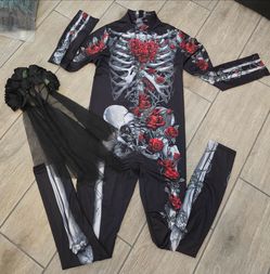 Skeleton Rose Halloween Costume Jumpsuit with Veil