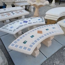 Concrete Mosaic Tile Inlay Curved Benches / Cement Garden Patio Bench / Outdoor Patio Furniture