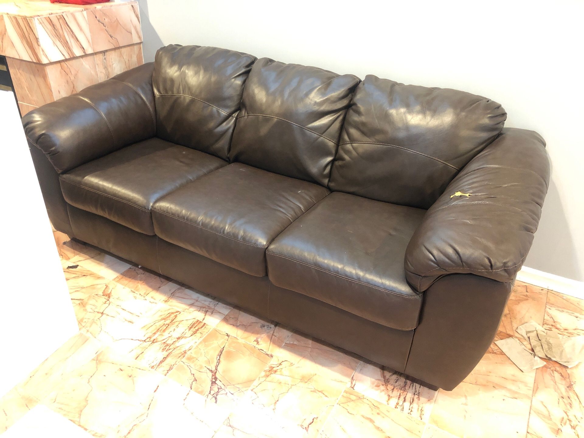 FREE- Leather couch with slight tear on arm