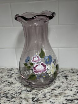 Fenton For Teleflora Amethyst Purple Violet Art Glass Vase Hand Painted Tole Flowers Floral Design Hand Blown Flared Ruffled Scalloped Rim