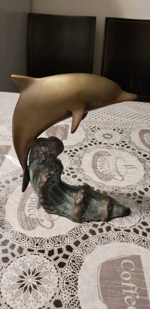 Jumping Brass Dolphin Statue On Wave Bookend / $50