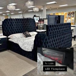 😴 NUEVA!! Cama Con Chimenea LED y Lift De Televisión EN CAJA 📦