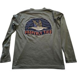 Properly Tied Performance Long Sleeve Shirt Youth 7 Olive Green Mallard Duck  