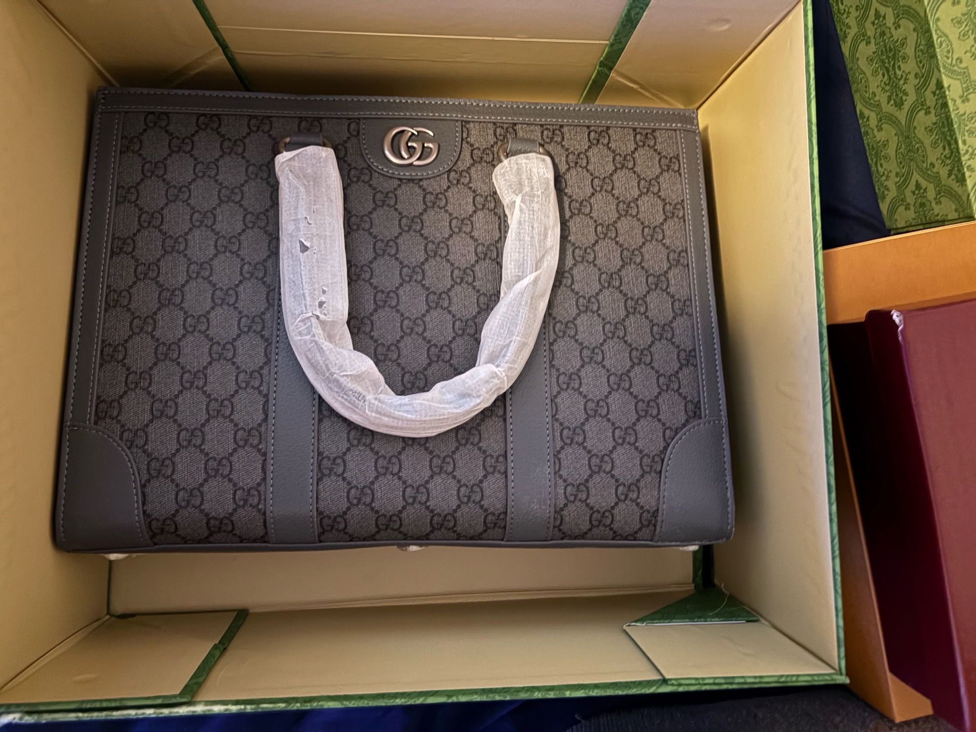 Gucci GG Pattern Tote Bag Gray Top Handle Silver Hardware Designer