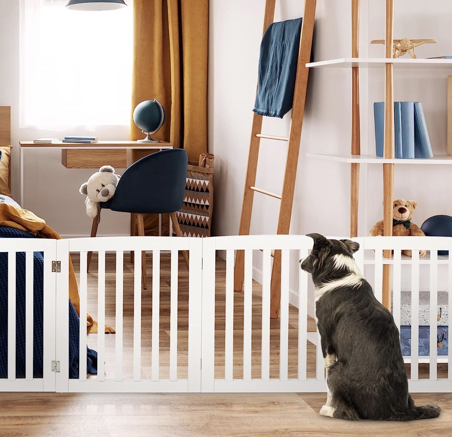 2 Freestanding Pet Dog Gate Foldable 24 Inch for House Wooden Dog Fence 4 Panels (White)